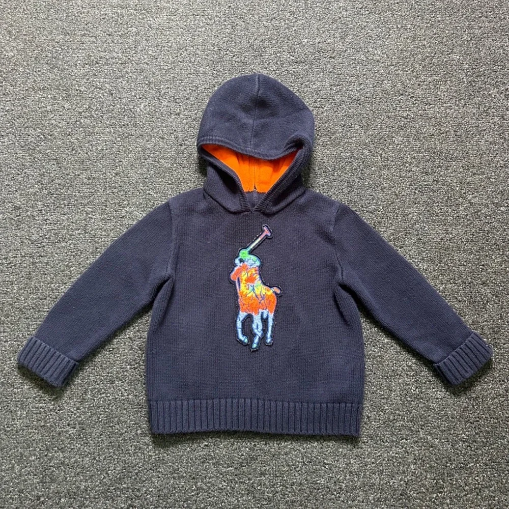 Ralph Lauren Knit Hoodie Navy Blue Toddler 18M Big Pony Tie Dye Back Zip Sweater